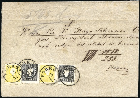 Stamp of Hungary 3Kr schwarz Type I (2) + 2Kr sattgelb Type I (2) a