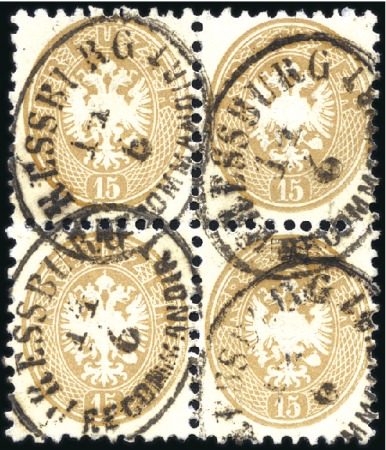 Stamp of Hungary 1863-64 15Kr Brown, perf. 9 1/2, block of four can