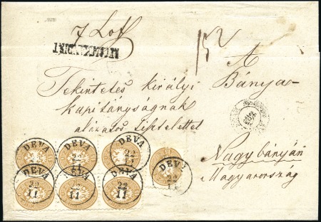 Stamp of Hungary 15Kr braun weit gezähnt 1863/64 (7, dabei 6er Bloc