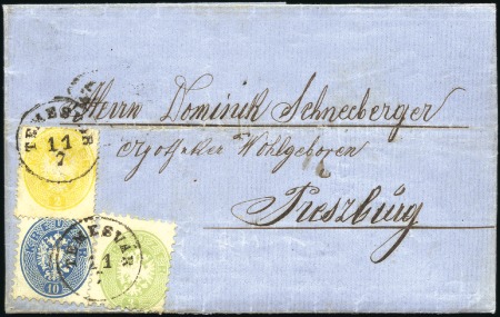 Stamp of Hungary MIXED ISSUE FRANKING1863-64 10Kr Blue, 3Kr green