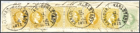 Stamp of Hungary 2Kr Yellow, pair and four singles plus 3Kr green s