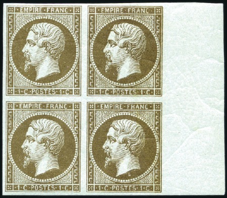Stamp of France Empire non dentelé 1c mordoré en bloc de 4 avec bd