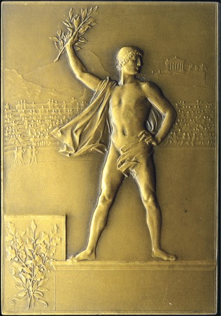 Stamp of Olympics 1900 Paris Exposition award plaque in bronze, depi
