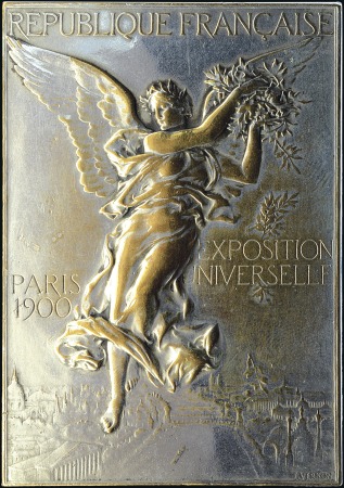 Stamp of Olympics 1900 Paris Exposition award plaque in silvered bro