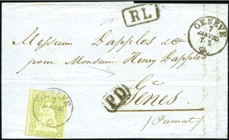 Stamp of Switzerland / Schweiz » Sitzende Helvetia Ungezähnt » 1856-57 Berner Druck (II) 40Rp grün entwertet GENÈVE 7 JANV 60 auf Faltbrief
