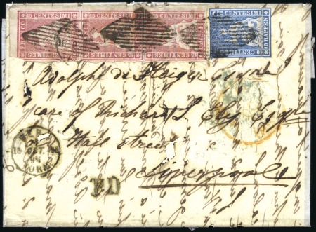Stamp of Switzerland / Schweiz » Sitzende Helvetia Ungezähnt » 1854-55 Berner Druck (I) 15Rp rosa in DREIERSTREIFEN zusammen mit 10Rp blau