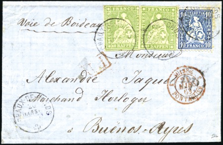 Stamp of Switzerland / Schweiz » Sitzende Helvetia Ungezähnt » 1857-62 Berner Druck, Dickes Papier 40Rp grün, zwei Exemplare in MISCHFRANKATUR mit Si