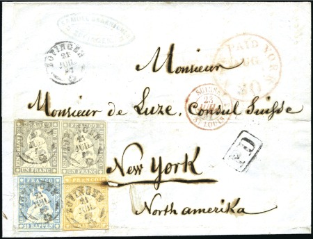 Stamp of Switzerland / Schweiz » Sitzende Helvetia Ungezähnt » 1856-57 Berner Druck (II) 1Fr violettgrau IM PAAR zusammen mit 10Rp blau und