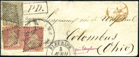 Stamp of Switzerland / Schweiz » Sitzende Helvetia Ungezähnt » 1856-57 Berner Druck (II) 1Fr violettgrau zusammen mit zwei 15Rp rosa, Münch