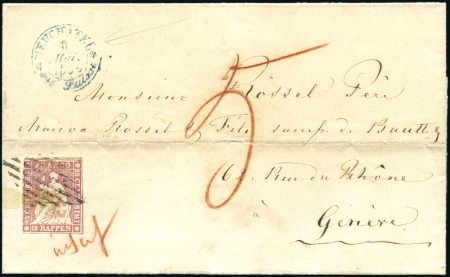 Stamp of Switzerland / Schweiz » Sitzende Helvetia Ungezähnt » 1854-55 Berner Druck (I) 15Rp rosa entwertet Raute, auf ungenügend frankier
