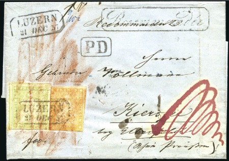Stamp of Switzerland / Schweiz » Sitzende Helvetia Ungezähnt » 1856-57 Berner Druck (II) 40Rp grün und 20Rp orange entwertet mit Kastenstem