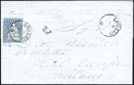 Stamp of Switzerland / Schweiz » Sitzende Helvetia Ungezähnt » 1857-62 Berner Druck, Dickes Papier 10Rp blau entwertet LUGANO 19 NOV 62 auf Faltbrief