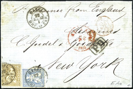 USA 1865: 1Fr golden und 10C blau entwertet BASEL 