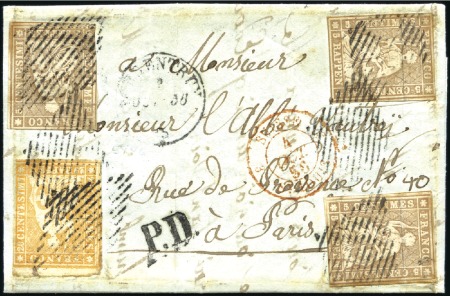 Stamp of Switzerland / Schweiz » Sitzende Helvetia Ungezähnt » 1854-55 Berner Druck (I) 20Rp orange und 5Rp braun (3) entwertet Raute auf 