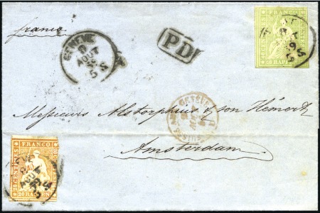 Stamp of Switzerland / Schweiz » Sitzende Helvetia Ungezähnt » 1856-57 Berner Druck (II) 40Rp grün und 20Rp orange entwertet GENÈVE 9 AOUT 