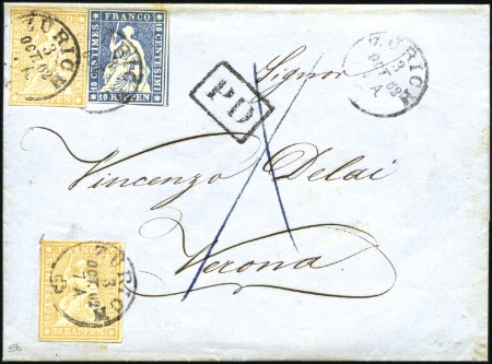 Stamp of Switzerland / Schweiz » Sitzende Helvetia Ungezähnt » 1857-62 Berner Druck, Dickes Papier 20Rp orange(2) und 10Rp blau entwertet ZÜRICH 3 OC