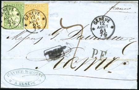 Stamp of Switzerland / Schweiz » Sitzende Helvetia Ungezähnt » 1857-62 Berner Druck, Dickes Papier 40Rp grün und 20Rp orange entwertet GENÈVE 12 AOUT