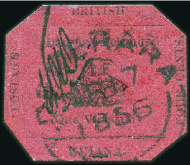 Stamp of British Guiana 1856 Provisional 4 cents black on magenta, securit