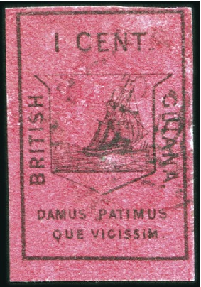 Stamp of British Guiana 1852 Waterlow 1 cent black on magenta, good to wid