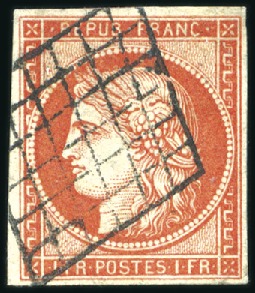 Stamp of France 1849 1F vermillon vif, oblitéré par grille propre,