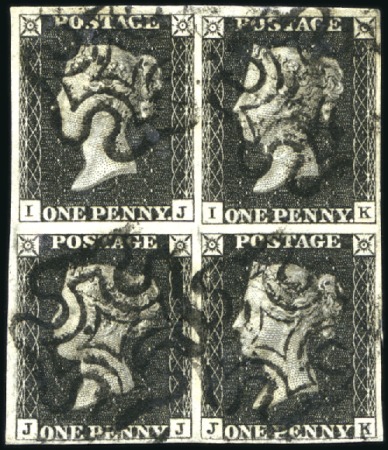 Stamp of Great Britain » 1840 1d Black and 1d Red plates 1a to 11 1840 1d Black pl.7 IJ/JK block of four, bottom mar