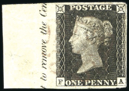 Stamp of Great Britain » 1840 1d Black and 1d Red plates 1a to 11 1840 1d Black pl.2 FA left marginal with inscripti