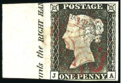 Stamp of Great Britain » 1840 1d Black and 1d Red plates 1a to 11 1840 1d Black pl.1a JA left marginal with inscript