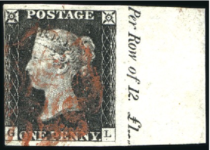 Stamp of Great Britain » 1840 1d Black and 1d Red plates 1a to 11 1840 1d Black pl.1b GL right marginal with inscrip