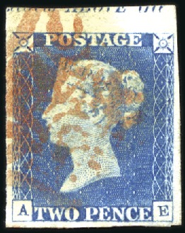 Stamp of Great Britain » 1840 2d Blue (ordered by plate number) 1840 2d Blue pl.1 AE top marginal showing partial 