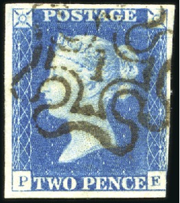 Stamp of Great Britain » 1840 2d Blue (ordered by plate number) 1840 2d Blue pl.2 PE with crisp London "1" in MC, 