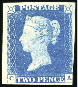 Stamp of Great Britain » 1840 2d Blue (ordered by plate number) 1840 2d Blue pl.1 CA unused with part og, just tou