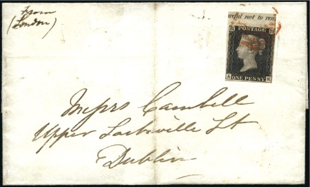 1840 1d Black pl.8 AK top marginal with inscriptio