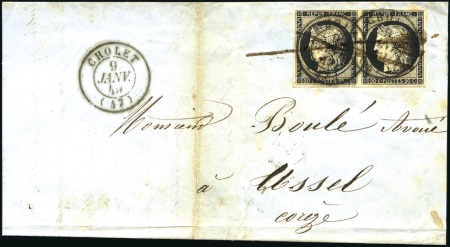 1849 20c noir en paire obl. cachet à date Cholet +