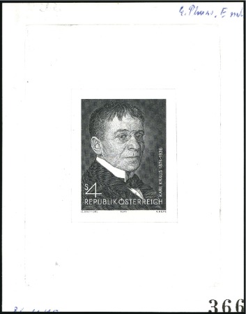 Stamp of Austria » 2nd. Republic 1974 Karl Kraus 4s single die proofs in black, sho
