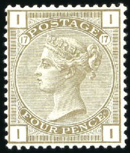 Stamp of Great Britain » 1855-1900 Surface Printed 1880 4d Grey-Brown pl.17 wmk Large Garter, mint hi