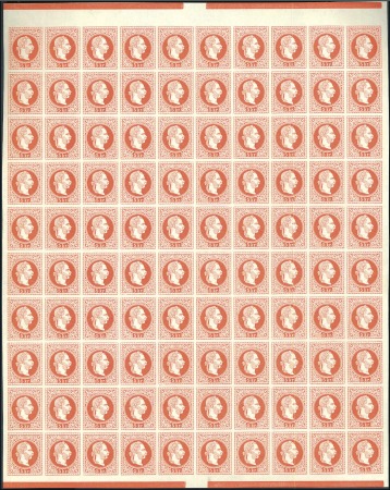 1867 5kr complete proof sheet of 100 in red (issue