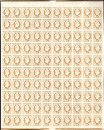 1867 5kr complete proof sheet of 100 in yellowish 