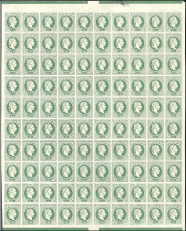 1867 5kr complete proof sheet of 100 in green (col
