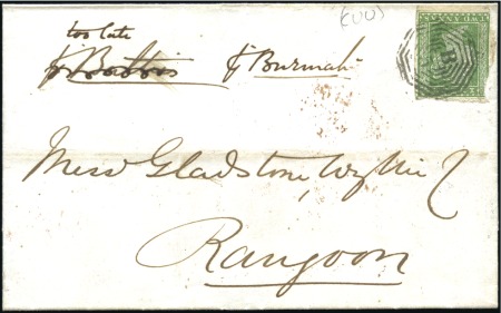 BURMA: Cover from Akyab to Rangoon with 1854 2a (t