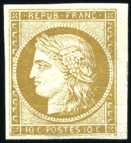 Stamp of France 1849 10c bistre-jaune avec petit bdf, neuf sans ch