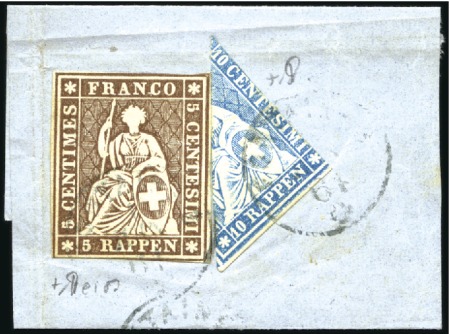 Stamp of Switzerland / Schweiz » Sitzende Helvetia Ungezähnt » 1857-62 Berner Druck, Dickes Papier 10Rp blau, schräg halbiert, zusammen mit 5Rp braun