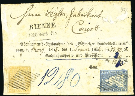 Stamp of Switzerland / Schweiz » Sitzende Helvetia Ungezähnt » 1854-55 Berner Druck (I) 20Rp orange und 10Rp blaue entwerte Raute auf NN-K