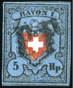 Stamp of Switzerland / Schweiz » Rayonmarken » Rayon I, dunkelblau ohne Kreuzeinfassung Type 35 entwertet mit schwarzem P.P. von St.Gallen