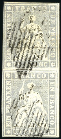 Stamp of Switzerland / Schweiz » Sitzende Helvetia Ungezähnt » 1856-57 Berner Druck (II) 1Fr violettgrau in senkrechtem Paar, entwertet Rau