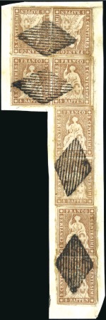 Stamp of Switzerland / Schweiz » Sitzende Helvetia Ungezähnt » 1856-57 Berner Druck (II) 5Rp braun, vier Paare sauber entwertet Raute auf k