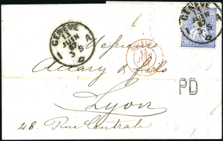 Stamp of Switzerland / Schweiz » Sitzende Helvetia Gezaehnt » Briefmarken 1867-1878 30C Rheinblau sauber entwertet GENÈVE 13 JUIN 67 a