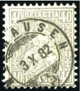 Stamp of Switzerland / Schweiz » Sitzende Helvetia Gezaehnt » Briefmarken 1881 Faserpapier 40C grau, Faserpapier, sauber entwertet NEUHAUSEN 