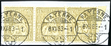 Stamp of Switzerland / Schweiz » Sitzende Helvetia Gezaehnt » Briefmarken 1881 Faserpapier 1Fr golden, Faserpapier, waagr. Dreierstreifen ent