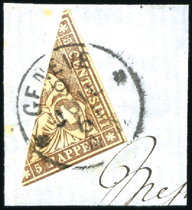 Stamp of Switzerland / Schweiz » Sitzende Helvetia Ungezähnt » 1857-62 Berner Druck, Dickes Papier 5Rp braun, zwei Genfer Halbierungen, in versch. Nu