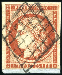 Stamp of France 1849 1F vermillon obl. grille sur petit fragment, 
